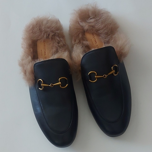 Christine Sheii Shoes - Christine Sheii horsebit genuine leather & fur loafer slides/ mules size 7